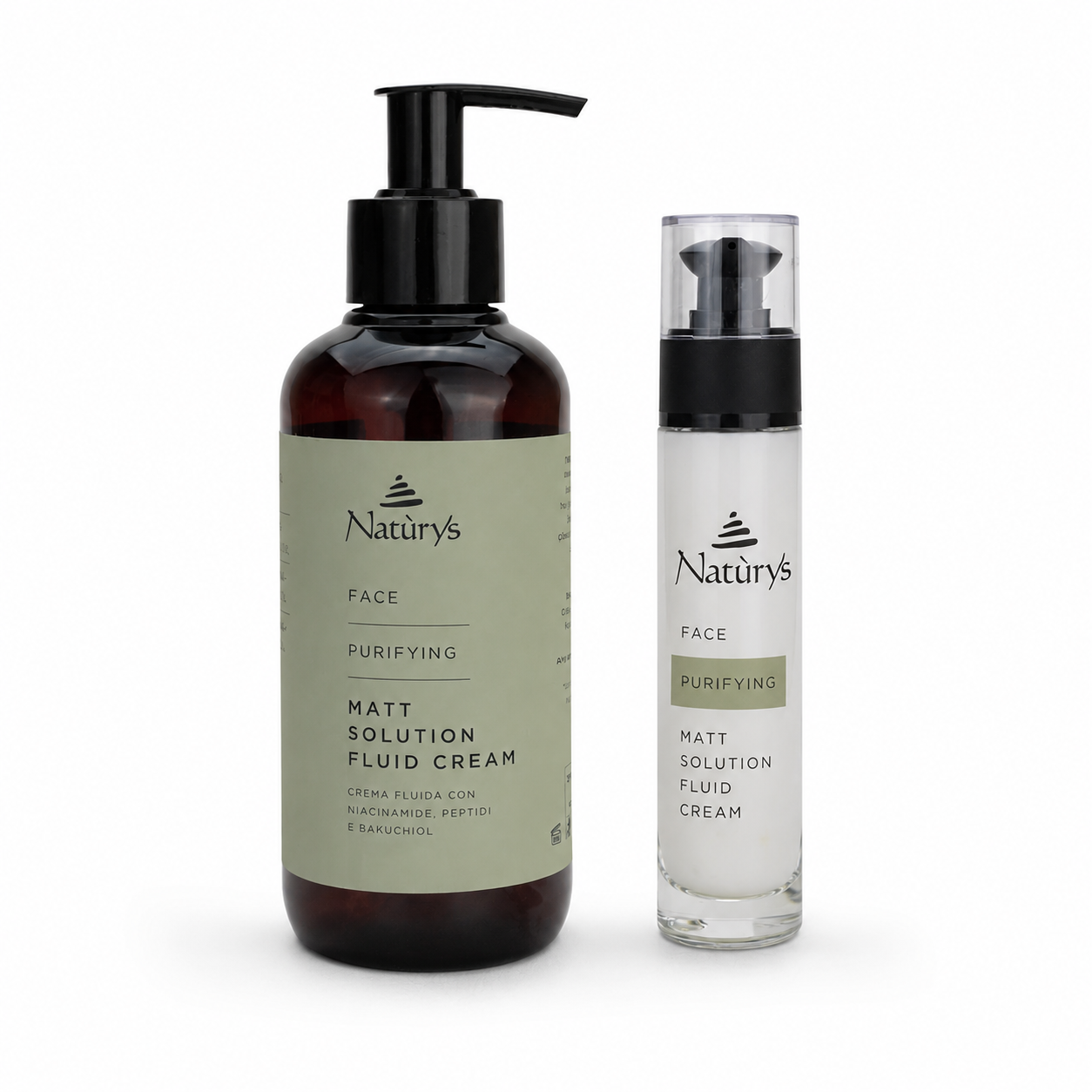 Naturys Purifying Matt Solution Fluid Cream retail and professional sizes displayed side by side in a clean white duo packshot.