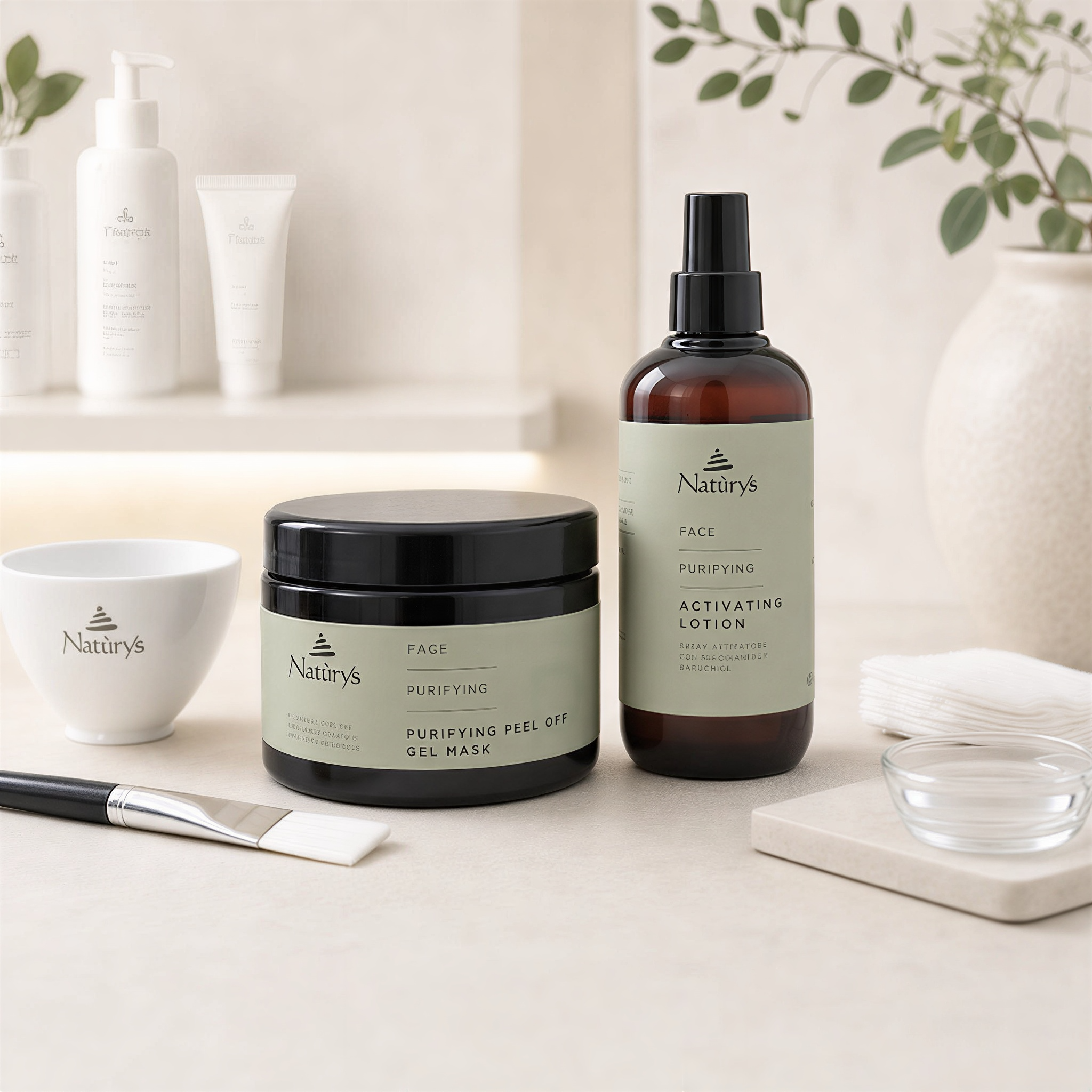 Naturys Purifying Peel Off Gel Mask and Activating Lotion displayed together for professional facial treatments.