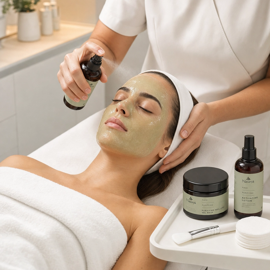Naturys Purifying Peel Off Gel Mask and Activating Lotion used in a professional facial treatment.