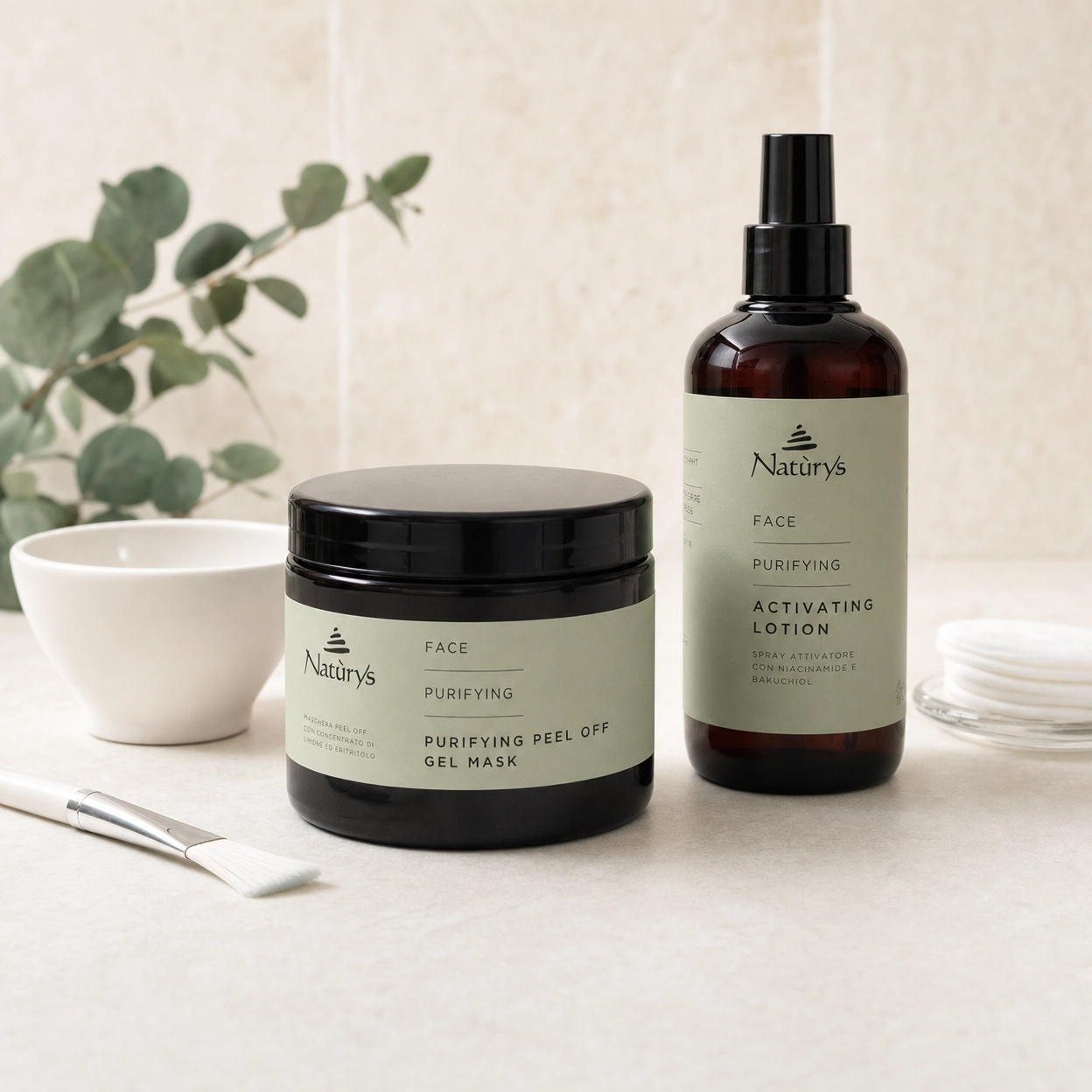 Naturys Purifying Peel-Off Gel Mask and Purifying Activating Lotion displayed in a professional spa treatment setting.