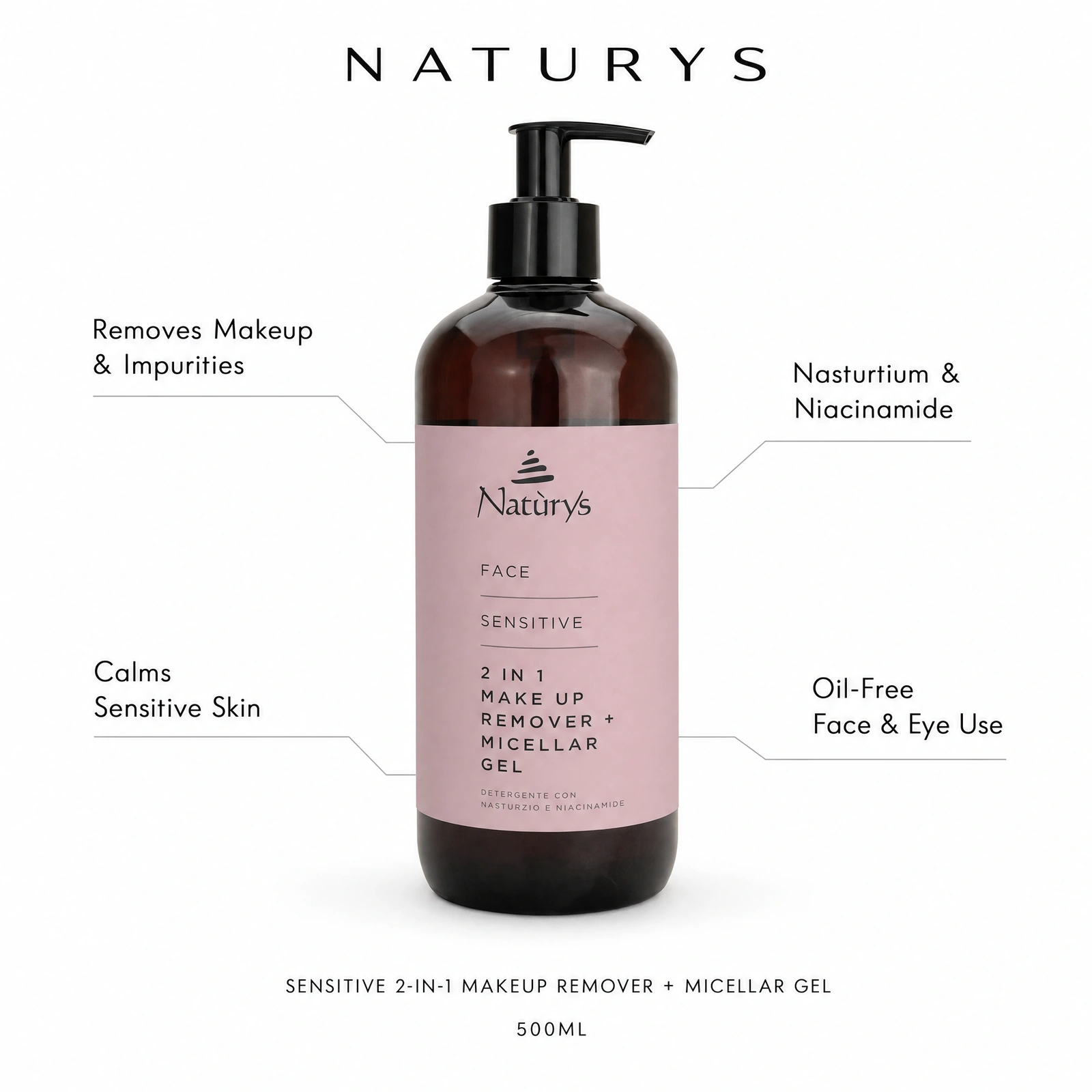 Micellar Gel 500ml with professional benefit callouts for removing makeup and impurities, calming sensitive skin, nasturtium and niacinamide support, and oil-free face and eye use.