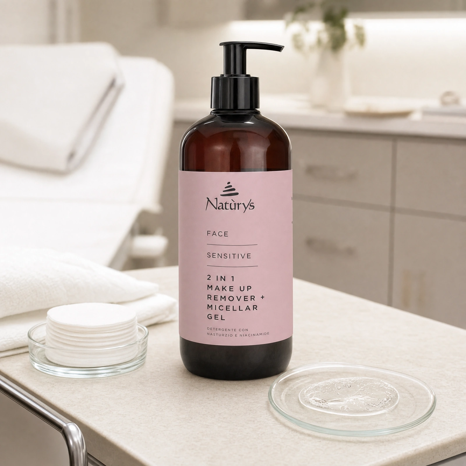 Naturys Sensitive 2-in-1 Makeup Remover and Micellar Gel 500ml displayed in a premium clinical treatment-room setting for professional sensitive-skin cleansing and makeup removal protocols.
