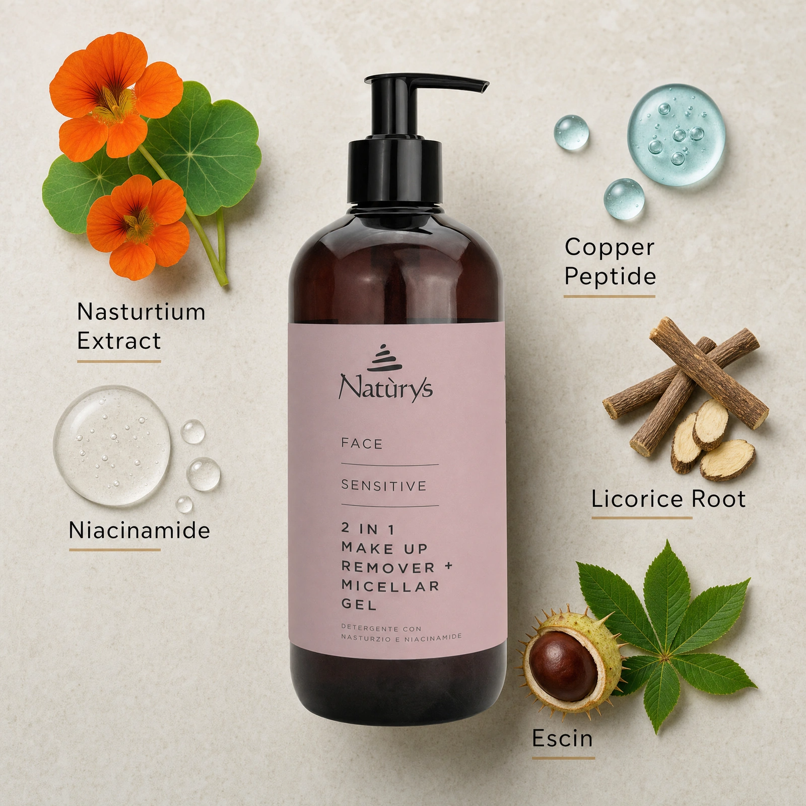 Naturys Sensitive 2-in-1 Makeup Remover and Micellar Gel 500ml ingredient flatlay with Nasturtium Extract, Niacinamide, Copper Peptide, Licorice Root and Escin.