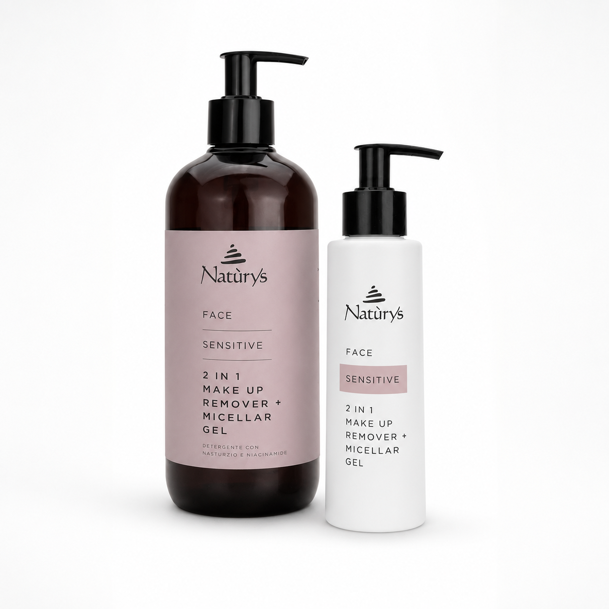 Naturys Sensitive 2 in 1 Make Up Remover + Micellar Gel duo image showing the retail and larger salon-use bottles together on a clean white background.