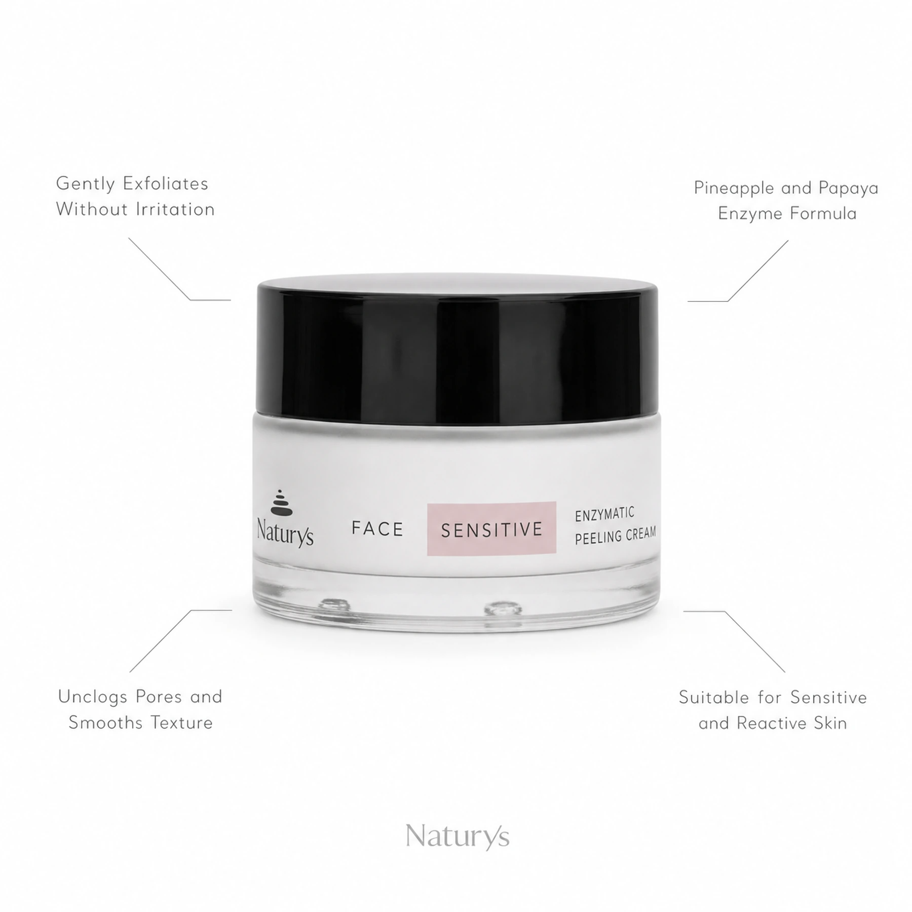 Naturys Sensitive Enzymatic Peeling Cream 50ml on white background with four benefit callouts: Gently Exfoliates Without Irritation, Pineapple and Papaya Enzyme Formula, Unclogs Pores and Smooths Texture, Suitable for Sensitive and Reactive Skin