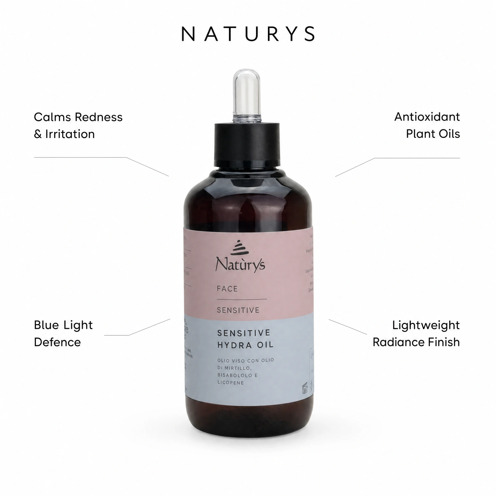 Naturys Sensitive Hydra Oil 100ml with professional benefit callouts for calming redness and irritation, blue light defence, antioxidant plant oils and a lightweight radiance finish.