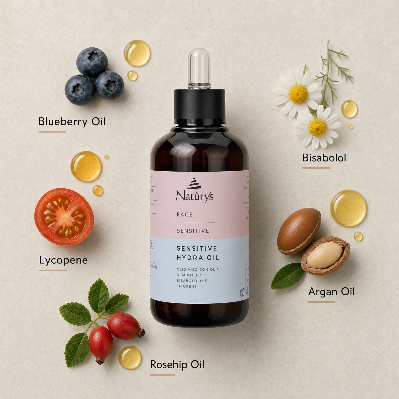 Naturys Sensitive Hydra Oil 100ml ingredient flatlay with Blueberry Oil, Bisabolol, Lycopene, Argan Oil and Rosehip Oil.