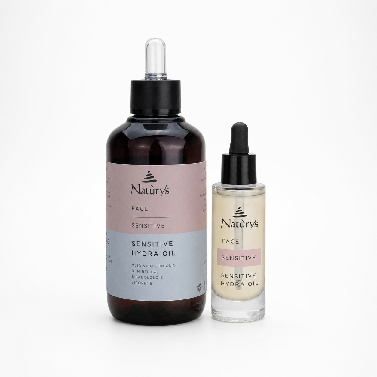 Naturys Sensitive Hydra Oil retail and professional variant image showing the 30ml retail dropper bottle and 100ml professional amber dropper bottle together on a clean white background.