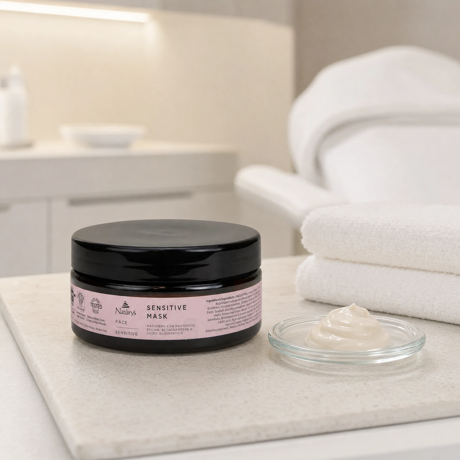 Naturys Sensitive Mask 250ml displayed in a premium clinical treatment-room setting for professional sensitive-skin comfort, hydration and post-treatment mask protocols.