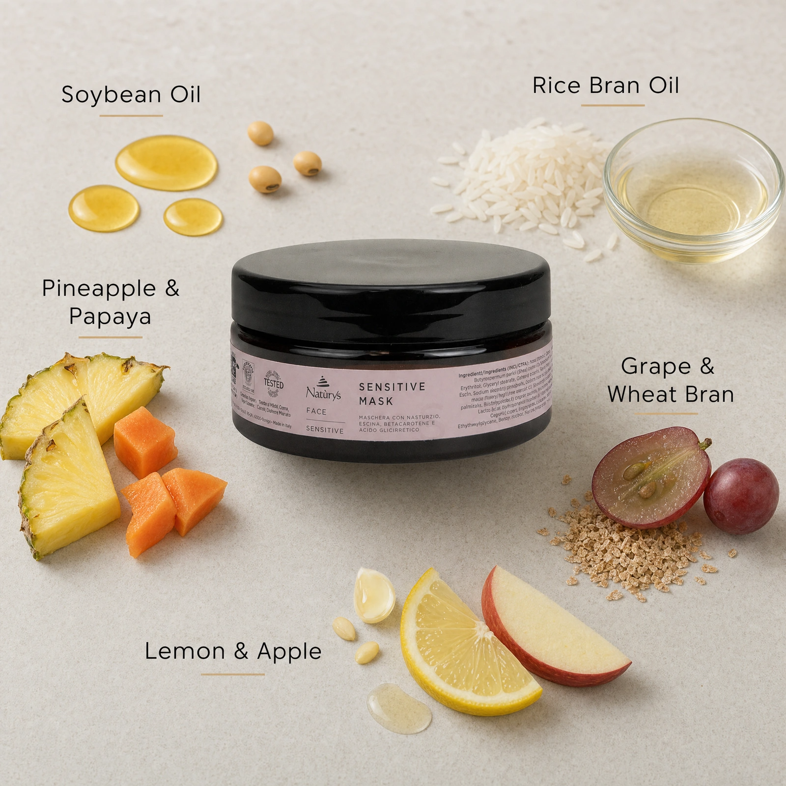 Naturys Sensitive Mask 250ml ingredient flatlay with Soybean Oil, Rice Bran Oil, Pineapple and Papaya Extracts, Grape and Wheat Bran Extracts, Lemon and Apple Extracts.