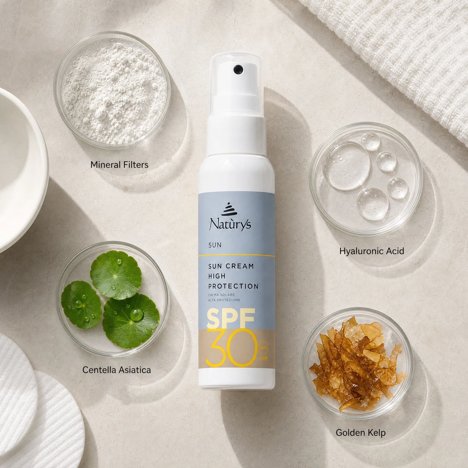Naturys Sun Cream High Protection SPF30 Spray 100ml ingredient flatlay with mineral filters, hyaluronic acid, golden kelp, and centella asiatica in clean glass petri dishes.