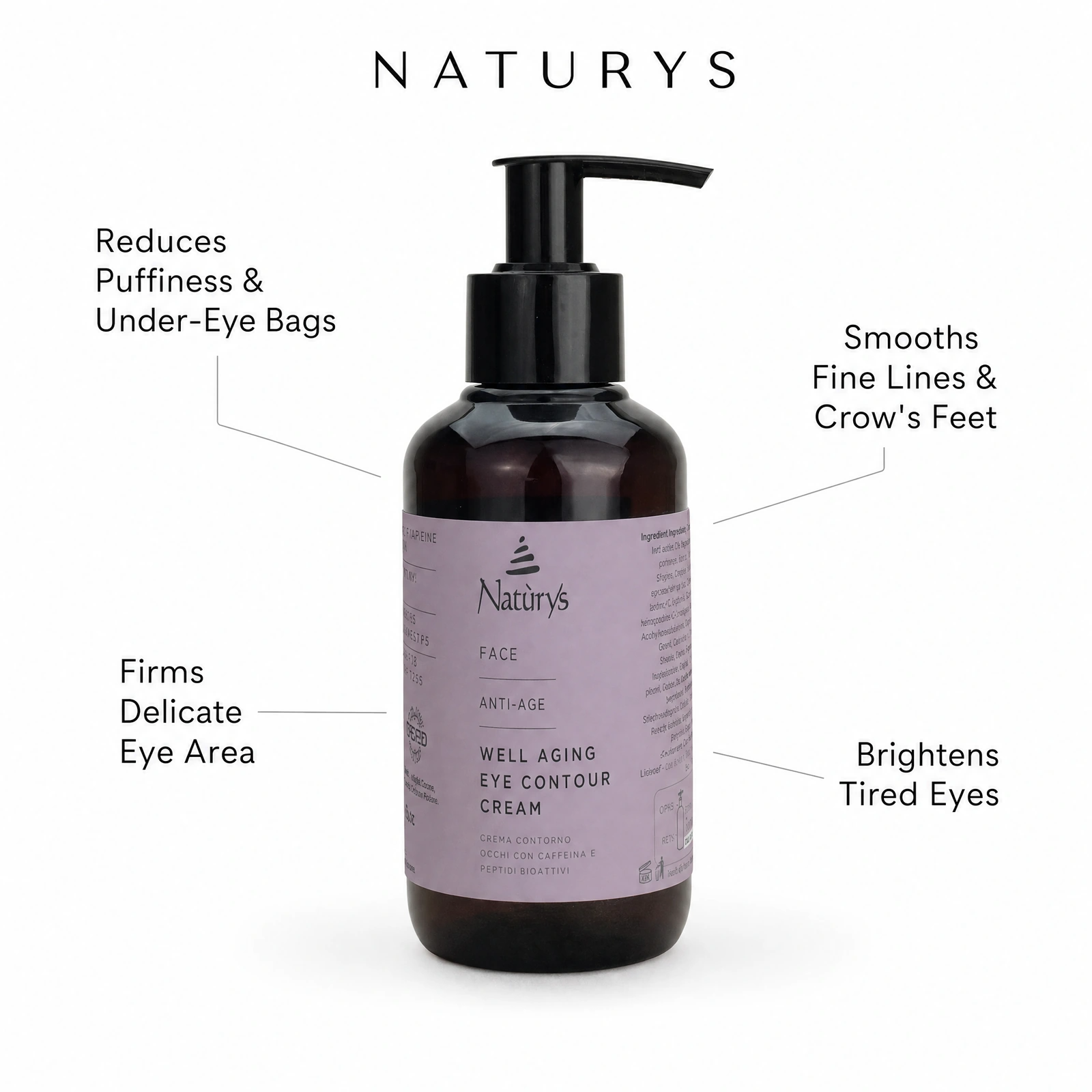 Naturys Well Aging Eye Contour Cream 100ml with professional benefit callouts for reducing puffiness and under-eye bags, firming the delicate eye area, smoothing fine lines and crow's feet, and brightening tired eyes.