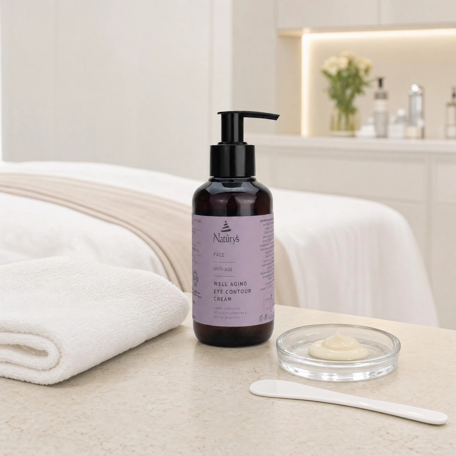 Naturys Well Aging Eye Contour Cream 100ml displayed in a premium clinical treatment-room setting for professional eye contour, puffiness and fine-line care protocols.