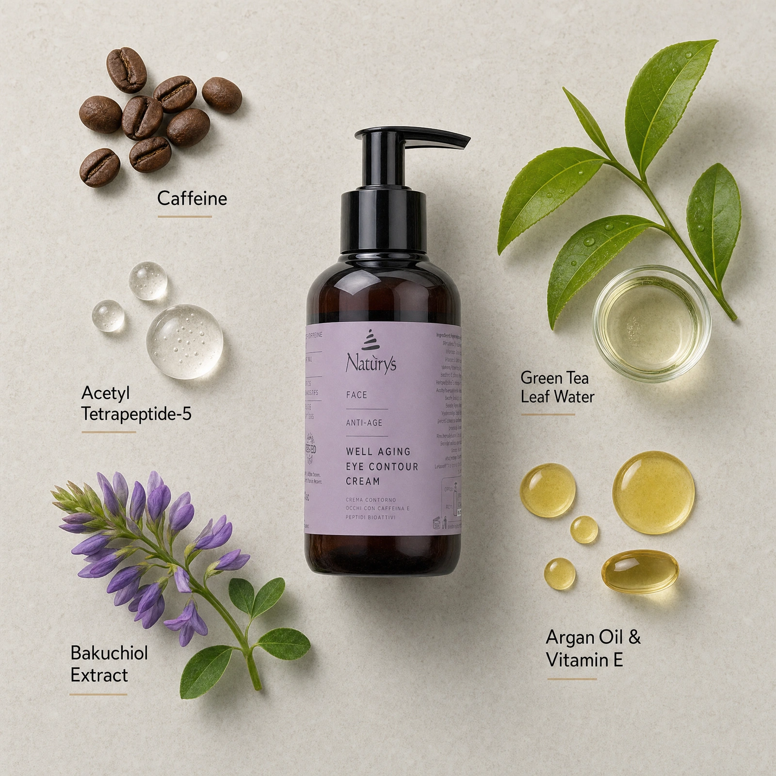 Naturys Well Aging Eye Contour Cream 100ml ingredient flatlay with Caffeine, Acetyl Tetrapeptide-5, Bakuchiol Extract, Green Tea Leaf Water, Argan Oil and Vitamin E.