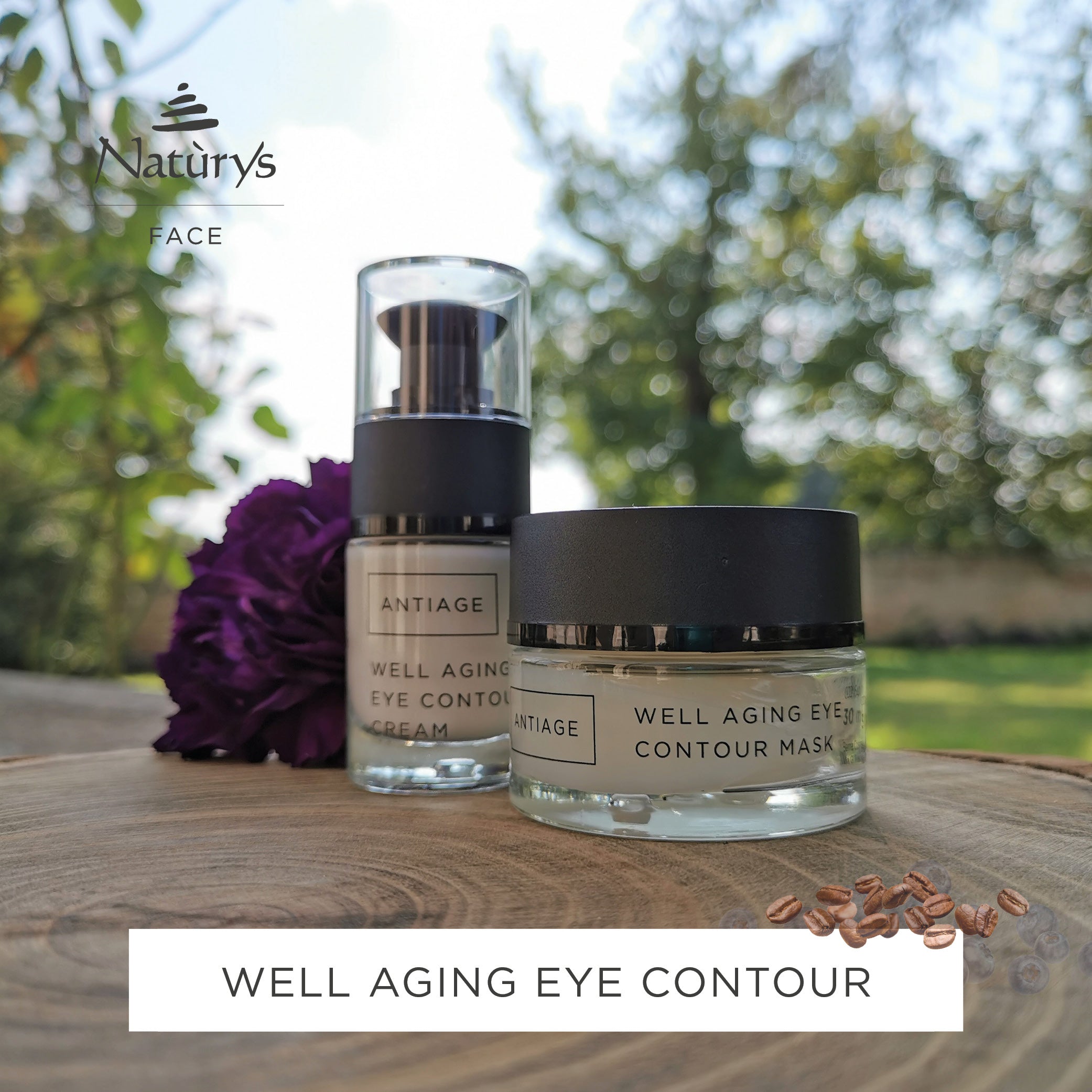 Naturys Well Aging Eye Contour cream and mask displayed outdoors on wooden surface with natural background for anti ageing eye care treatment
