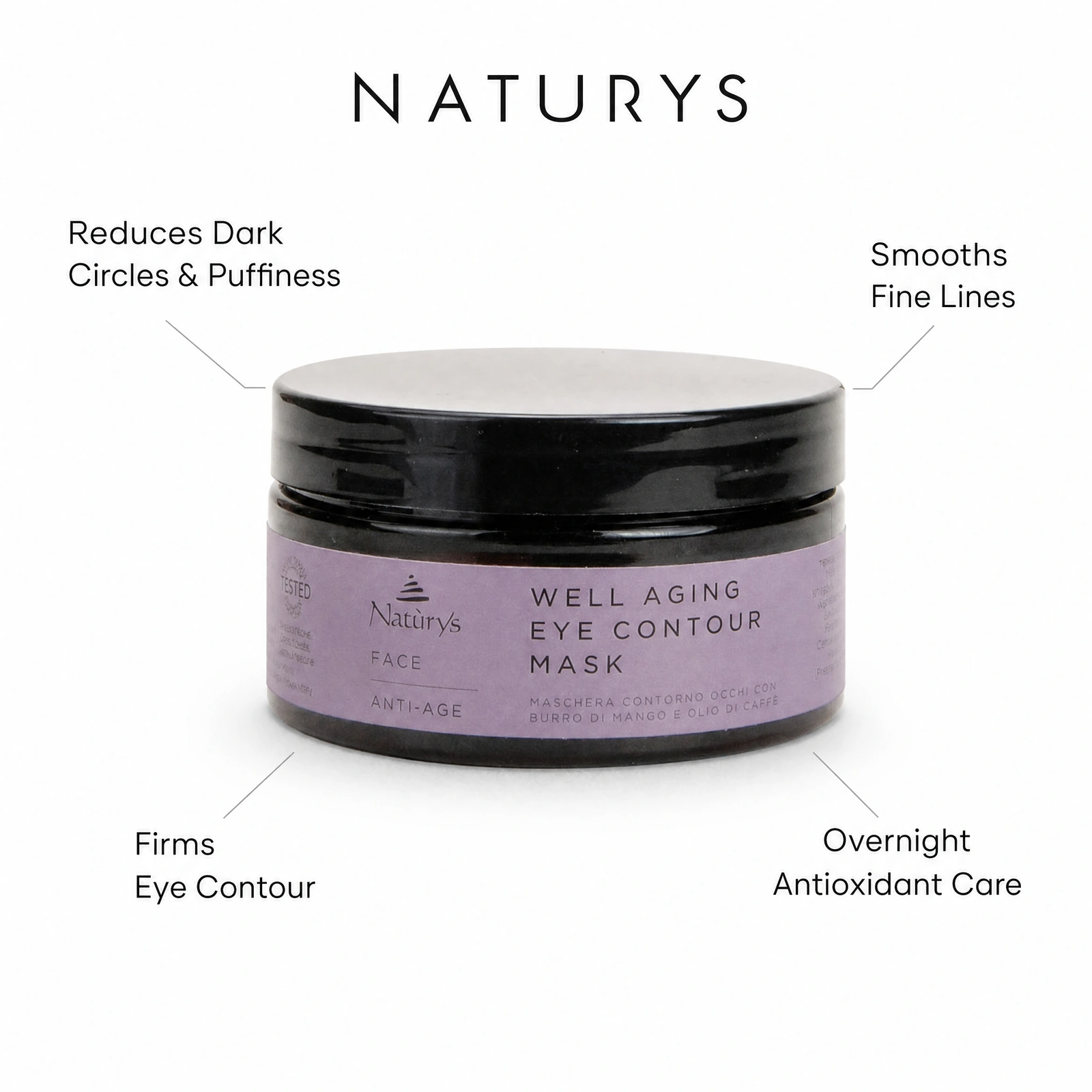 Naturys Well Aging Eye Contour Mask 100ml with professional benefit callouts for reducing dark circles and puffiness, firming the eye contour, smoothing fine lines and overnight antioxidant care.
