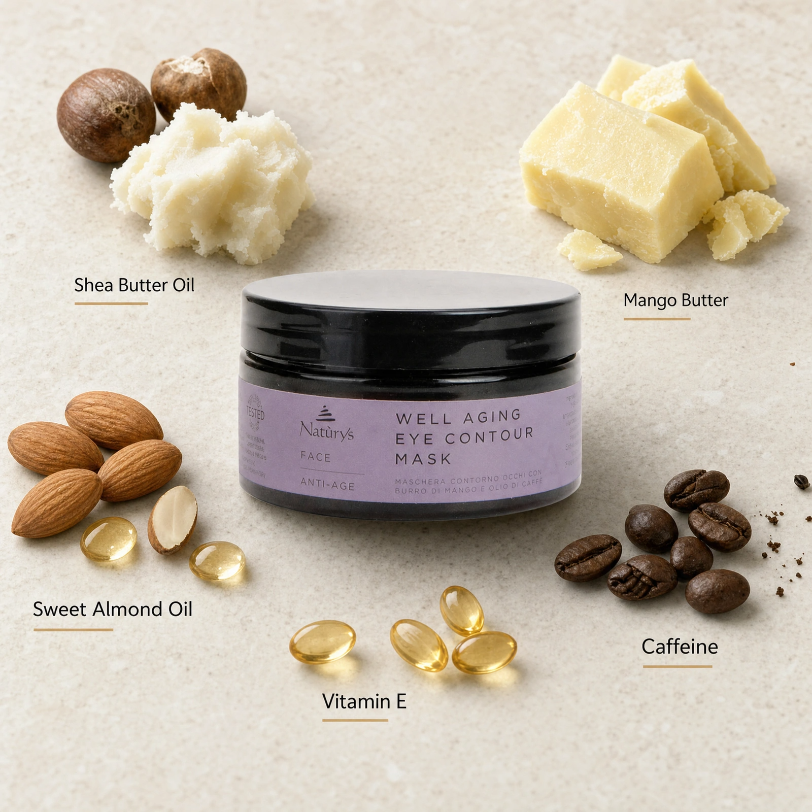 Naturys Well Aging Eye Contour Mask 100ml ingredient flatlay with Shea Butter Oil, Mango Butter, Sweet Almond Oil, Caffeine and Vitamin E.