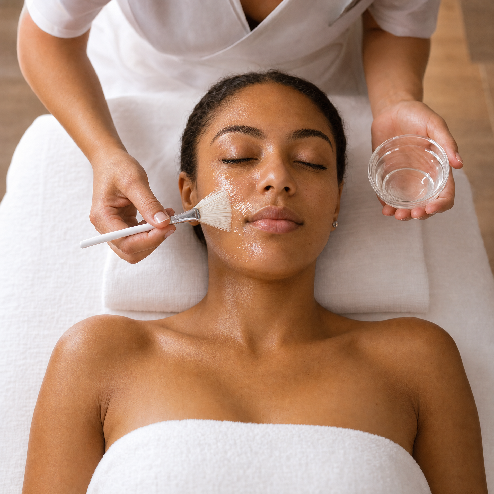 Therapist applying B-Clear Glycopeel with a fan brush and glass bowl during a professional brightening treatment