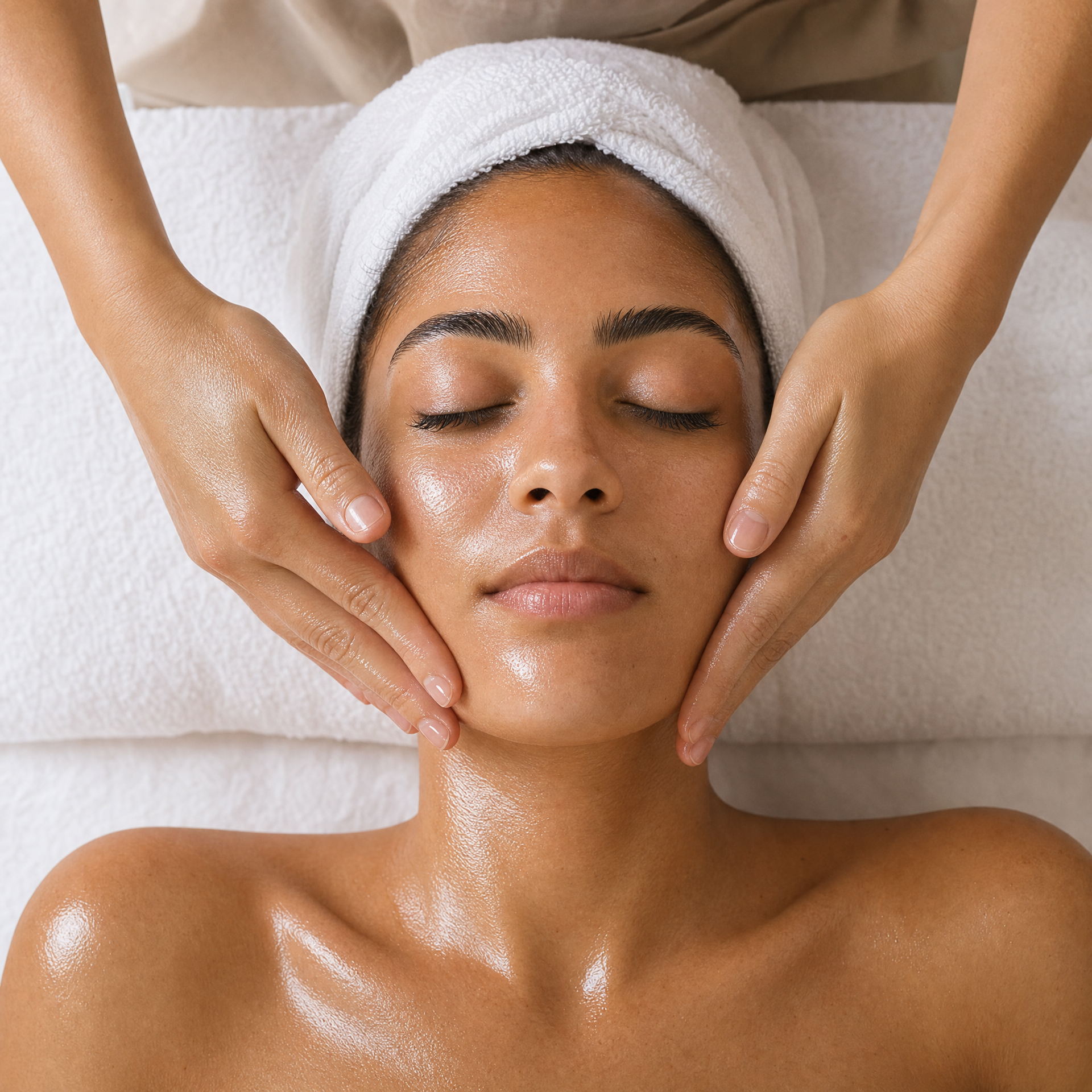 Therapist massaging Naturys B-Clear Serum into a client's face during a professional brightening facial