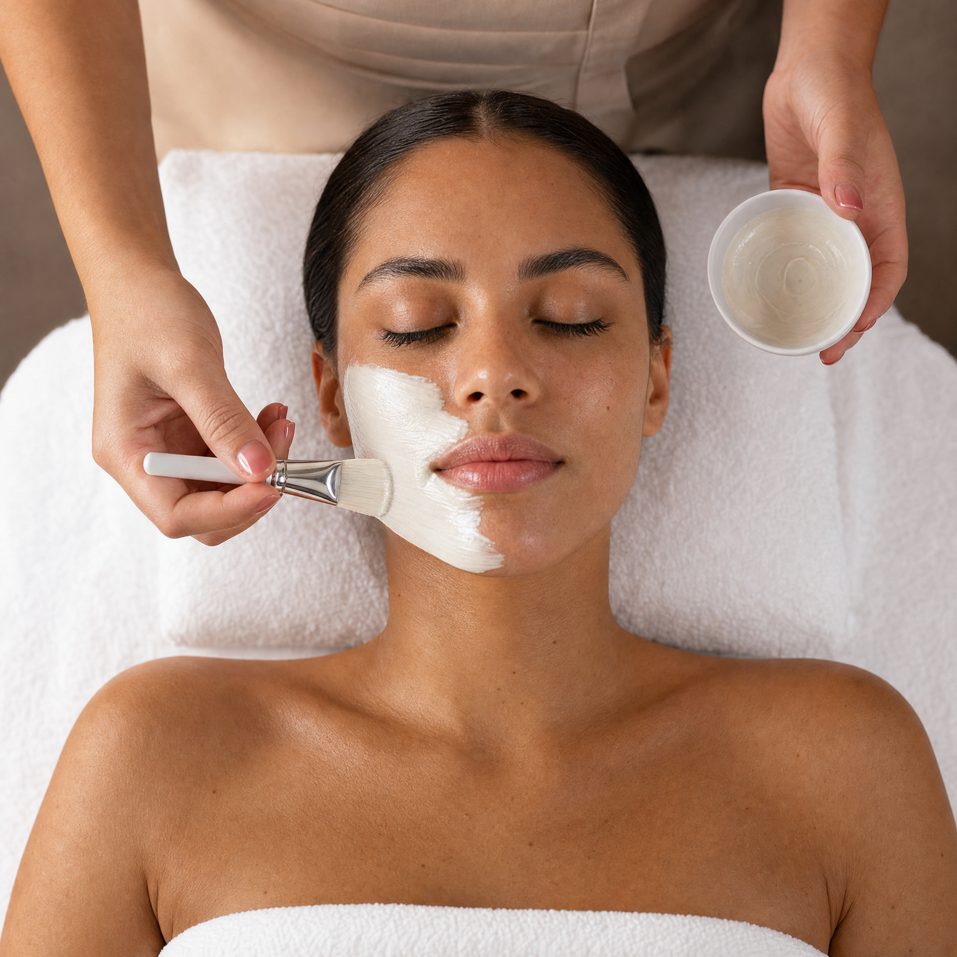 Therapist applying Naturys B-Clear Mask with a flat brush during a professional pigmentation treatment