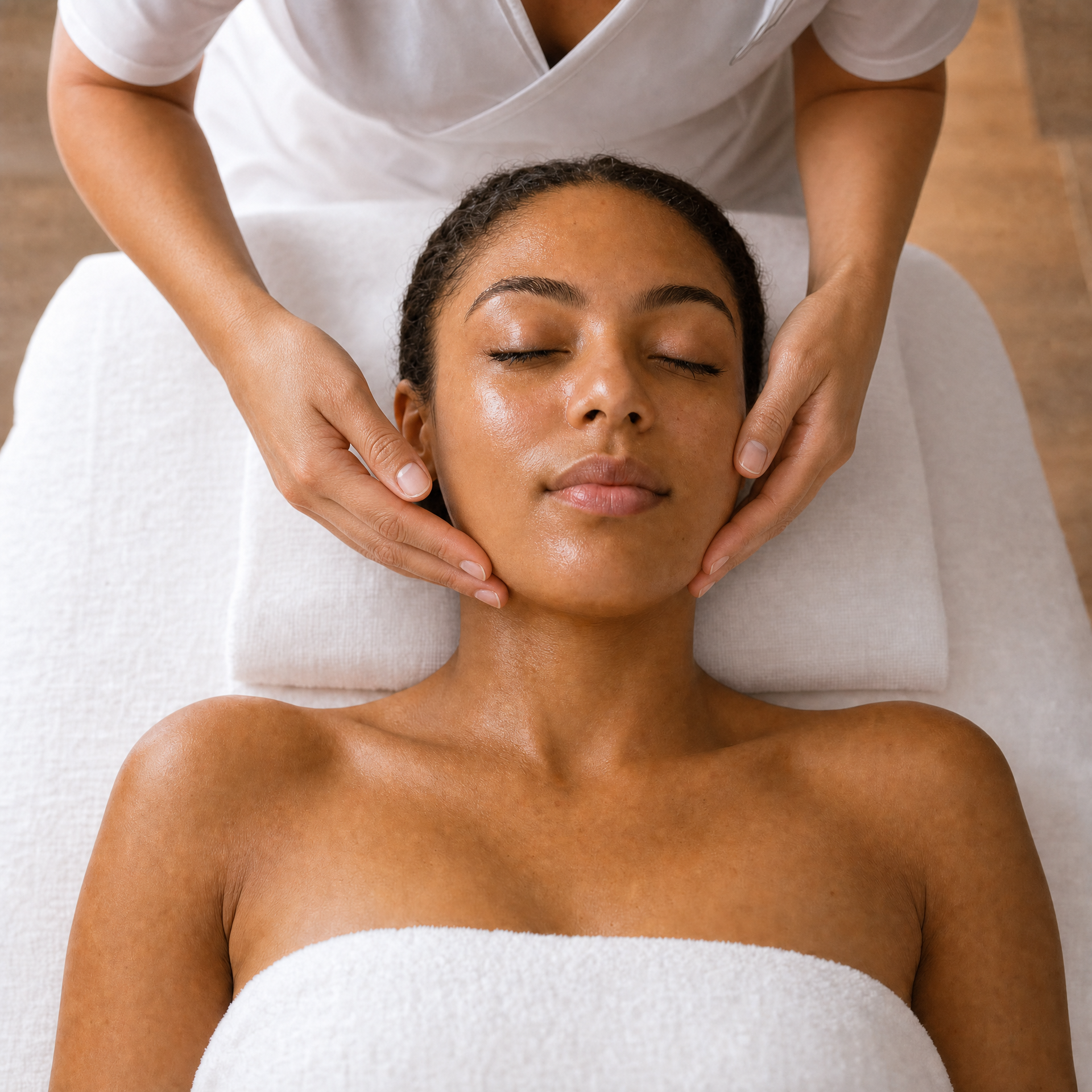 Therapist applying finishing cream massage during the Naturys B-Clear professional brightening treatment