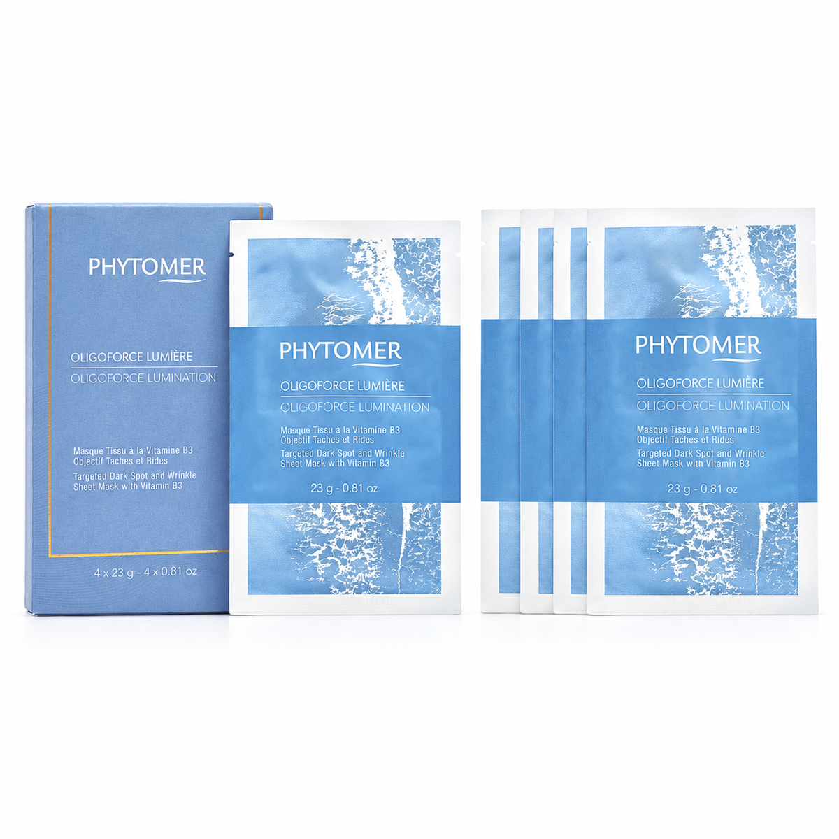 Oligoforce Lumination Targeted Dark Spot and Wrinkle Sheet Mask with Vitamin B3 Prof. Use 5pk and Retail 4pk shown together on a clean white background