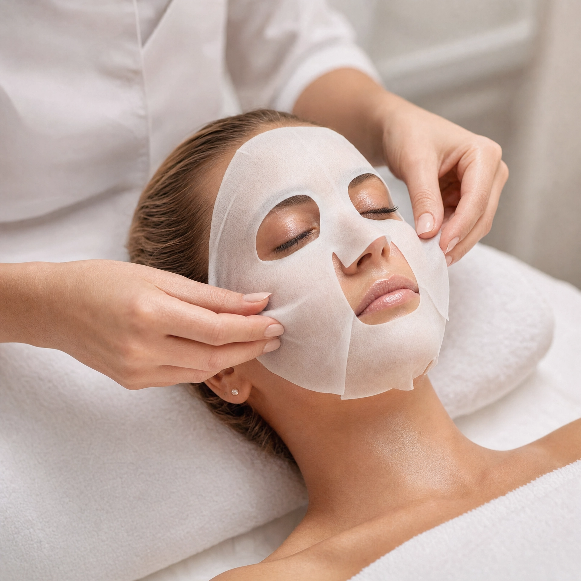 Professional esthetician applying a white tissue sheet mask to a client's face during a Phytomer Oligoforce Lumination facial treatment in a premium spa setting