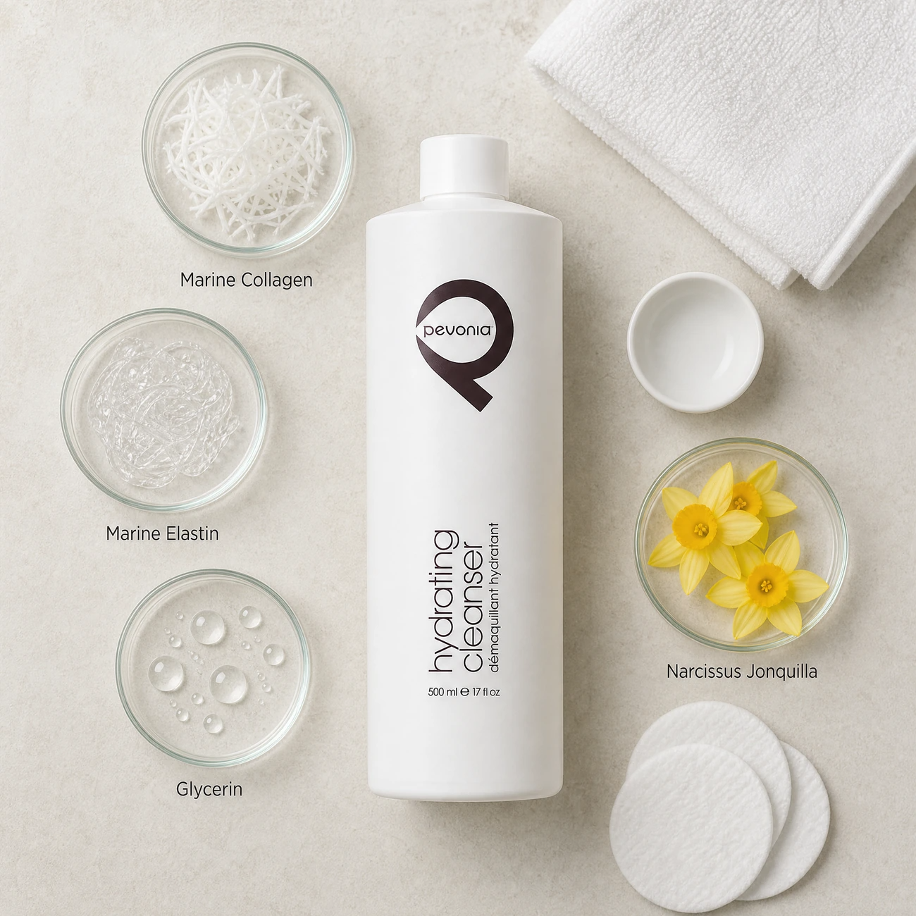 Pevonia Age Correction Hydrating Cleanser 500ml ingredients flatlay with marine collagen, marine elastin, glycerin, and narcissus jonquilla flowers in clean glass petri dishes for professional B2B education.