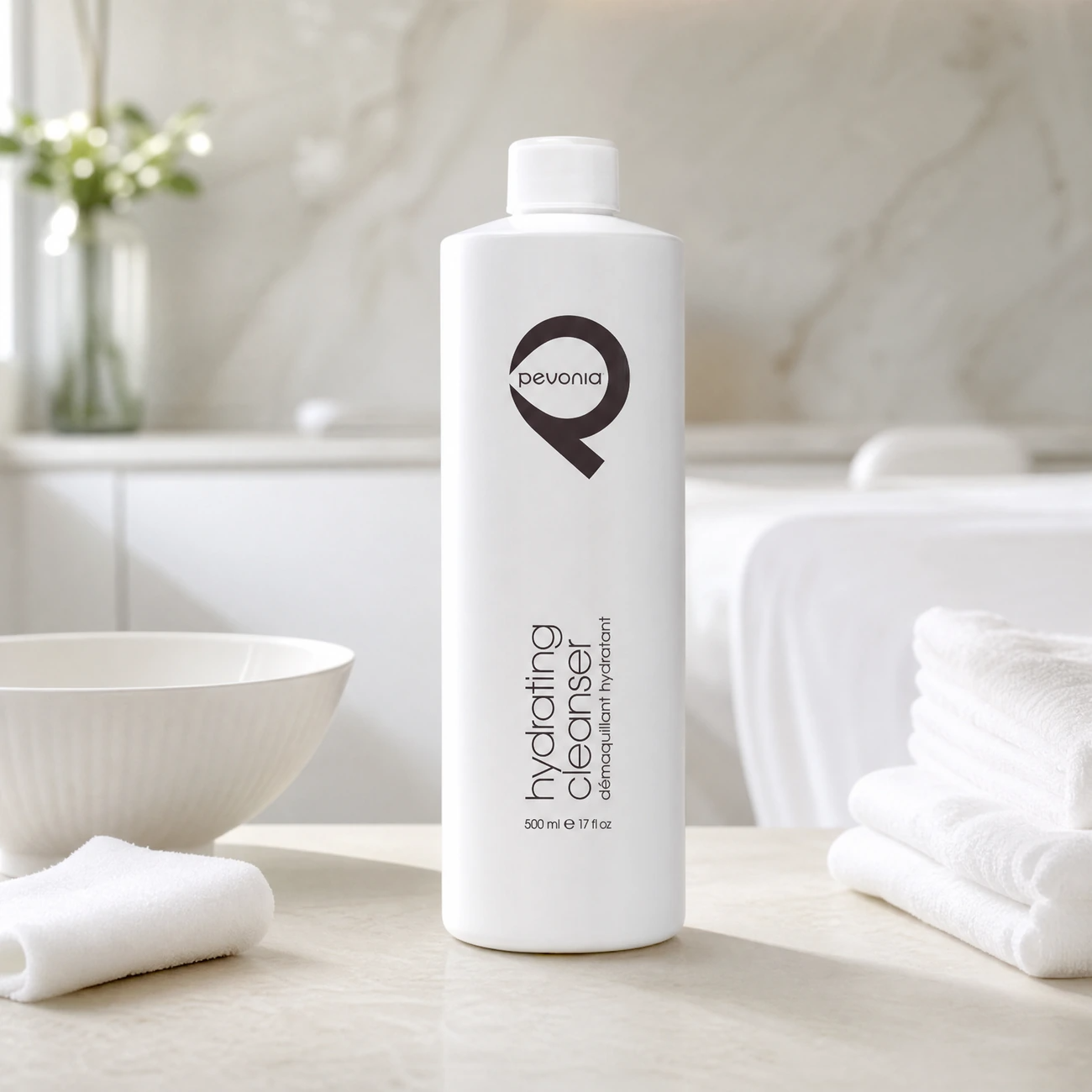 Pevonia Age Correction Hydrating Cleanser 500ml professional tall white bottle styled in a serene clinical spa treatment room for Beauty Collective Pro.