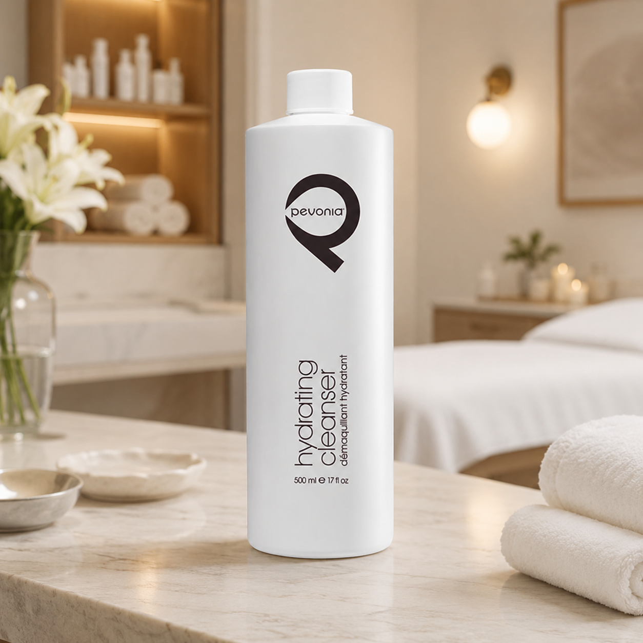 Pevonia Age Correction Hydrating Cleanser displayed in an upmarket spa treatment room, supporting gentle professional cleansing for hydrated, comfortable and refreshed skin.