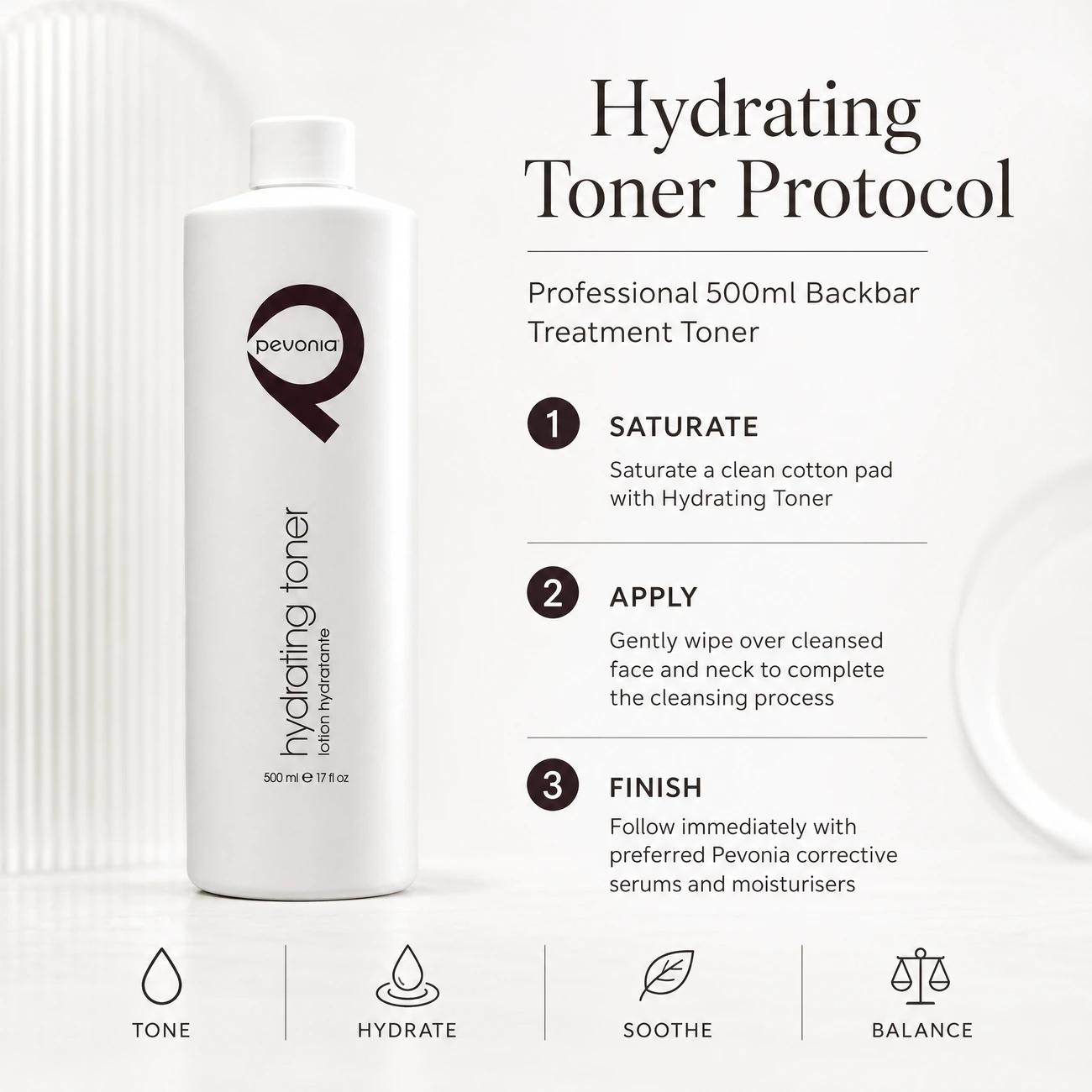 Pevonia Age Correction Hydrating Toner 500ml clinic-use education image detailing the professional 3-step Saturate, Apply, and Finish backbar toning protocol.