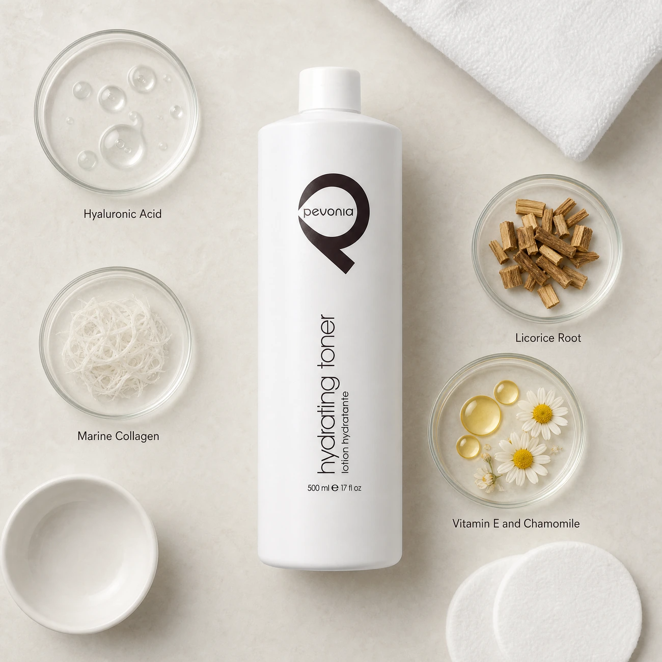 Pevonia Age Correction Hydrating Toner 500ml ingredients flatlay with hyaluronic acid, licorice root, marine collagen, and Vitamin E with chamomile in clean glass petri dishes for professional B2B education.