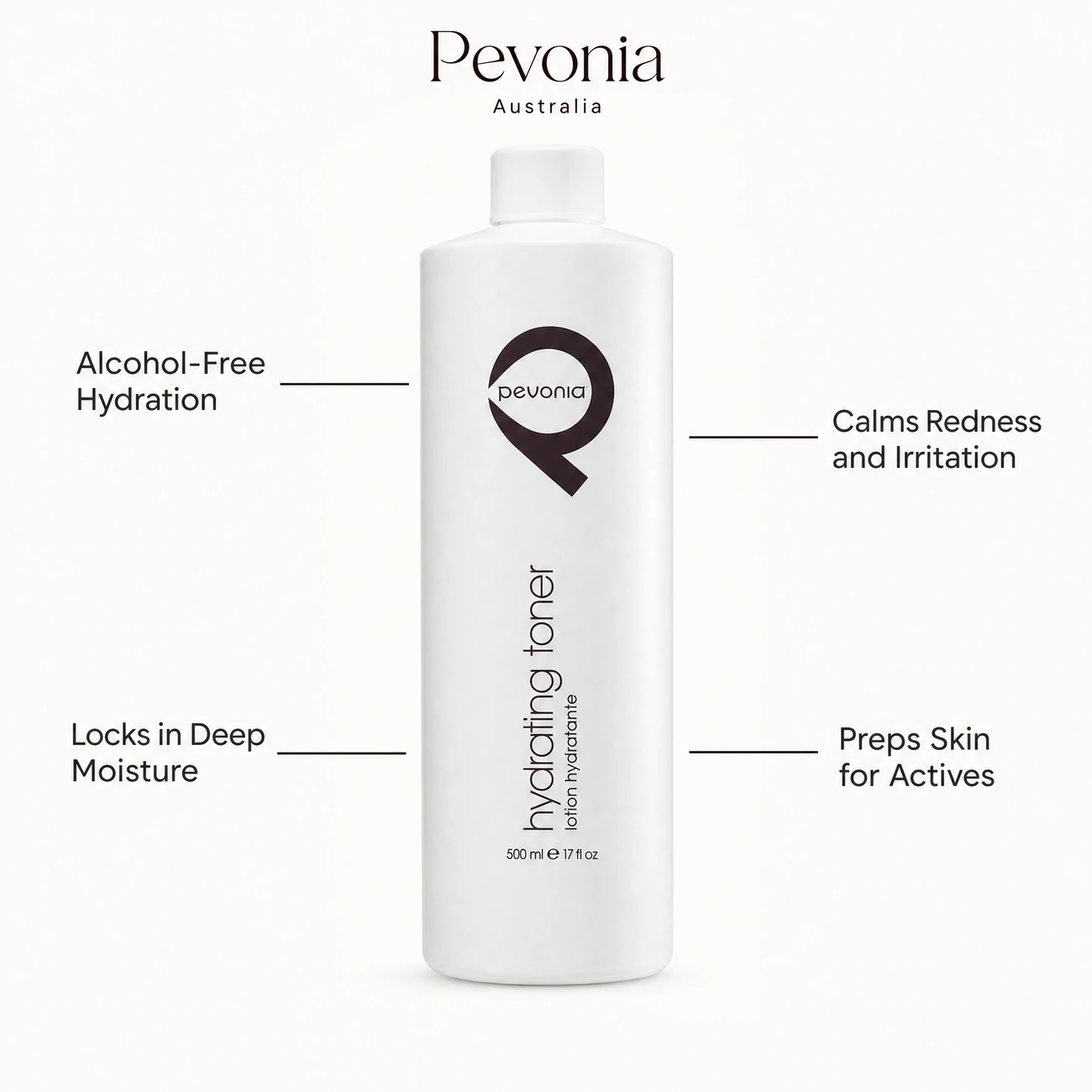 Pevonia Age Correction Hydrating Toner 500ml benefit callout image highlighting alcohol-free hydration, redness calming, moisture locking, and active absorption preparation.