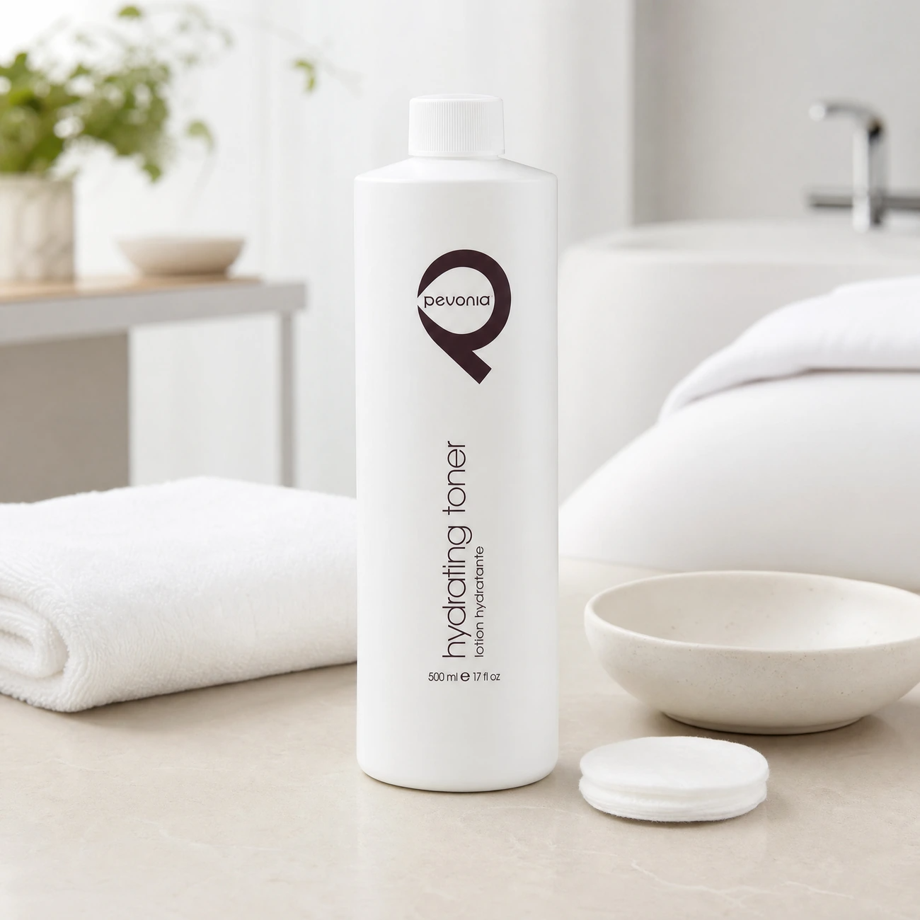 Pevonia Age Correction Hydrating Toner 500ml professional tall white bottle styled in a serene clinical spa treatment room for Beauty Collective Pro.