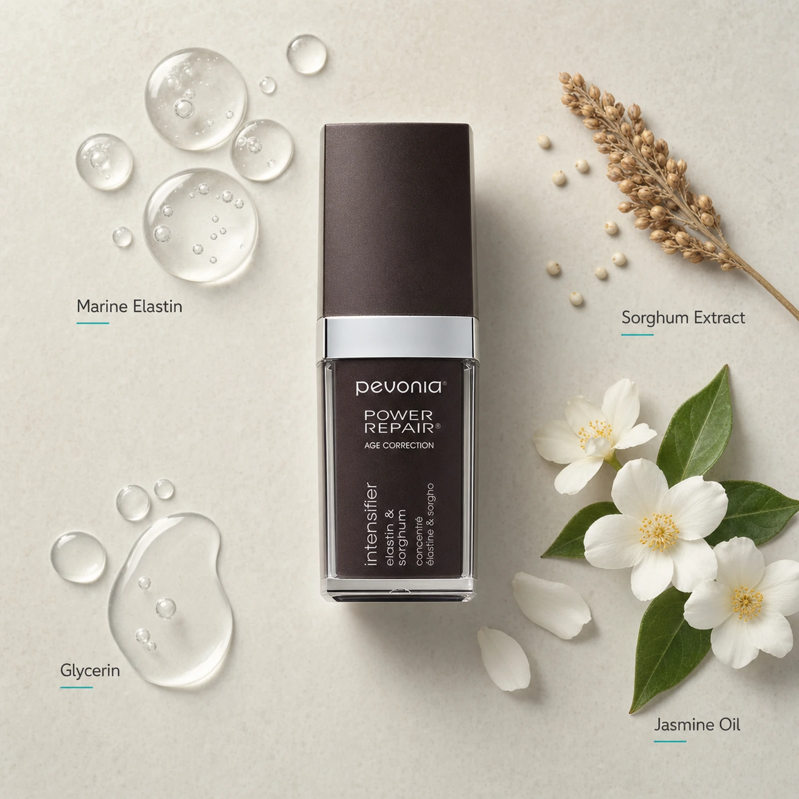 Pevonia Age Correction Intensifier Elastin & Sorghum ingredient flatlay showing marine elastin polypeptides, sorghum extract, glycerin, and jasmine oil arranged around serum bottle on neutral background