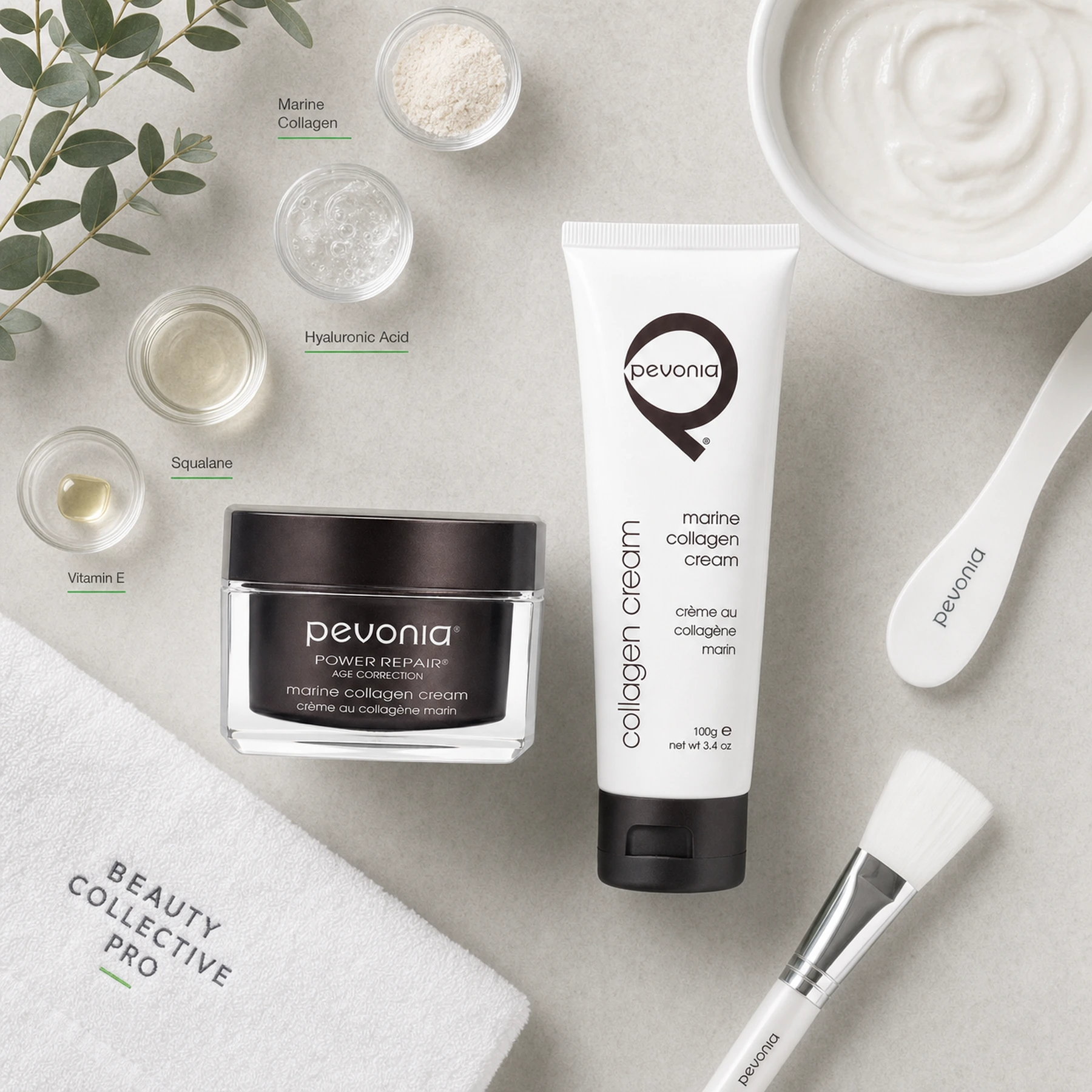 Pevonia Age Correction Marine Collagen Cream treatment-support flatlay with marine collagen, hyaluronic acid, squalane and vitamin E references.