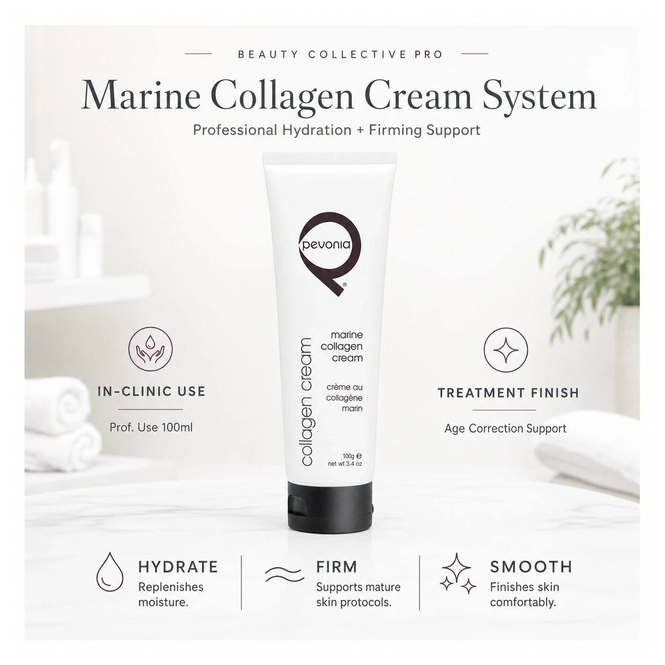 Pevonia Age Correction Marine Collagen Cream 100ml clinic-use education image for professional hydration, firming and treatment finishing support.