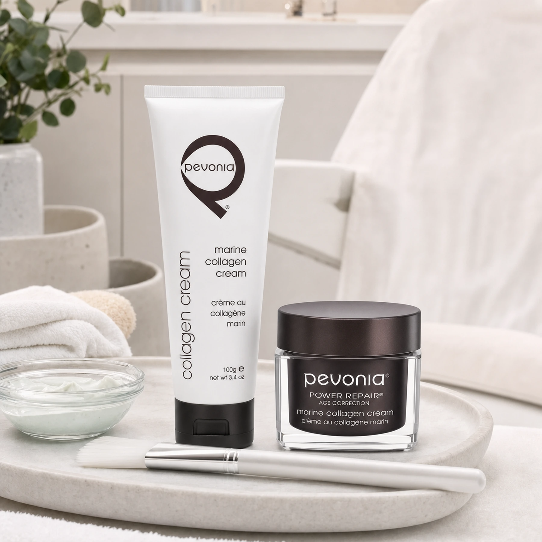 Pevonia Age Correction Marine Collagen Cream professional 100ml tube and retail 50g jar in a realistic clinical-luxury treatment setting for Beauty Collective Pro.