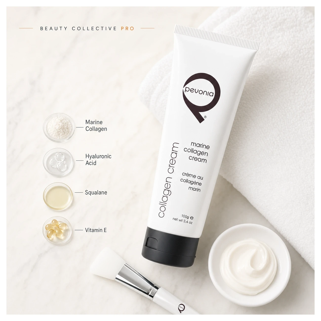 Pevonia Age Correction Marine Collagen Cream 100ml treatment-support flatlay with marine collagen, hyaluronic acid, squalane and vitamin E references.