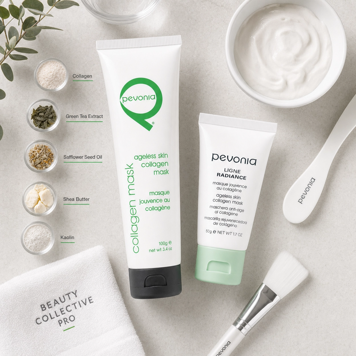 Pevonia Collagen Mask 100ml and 50g retail size shown with cream texture, brush, towel, and key skincare ingredients.