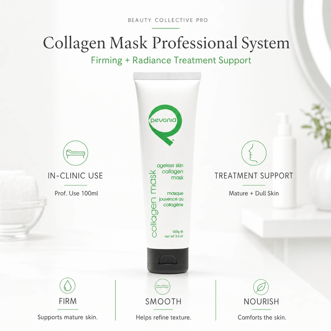 Pevonia Ageless Skin Collagen Mask 100ml clinic-use education image for professional firming, smoothing and radiance mask support.