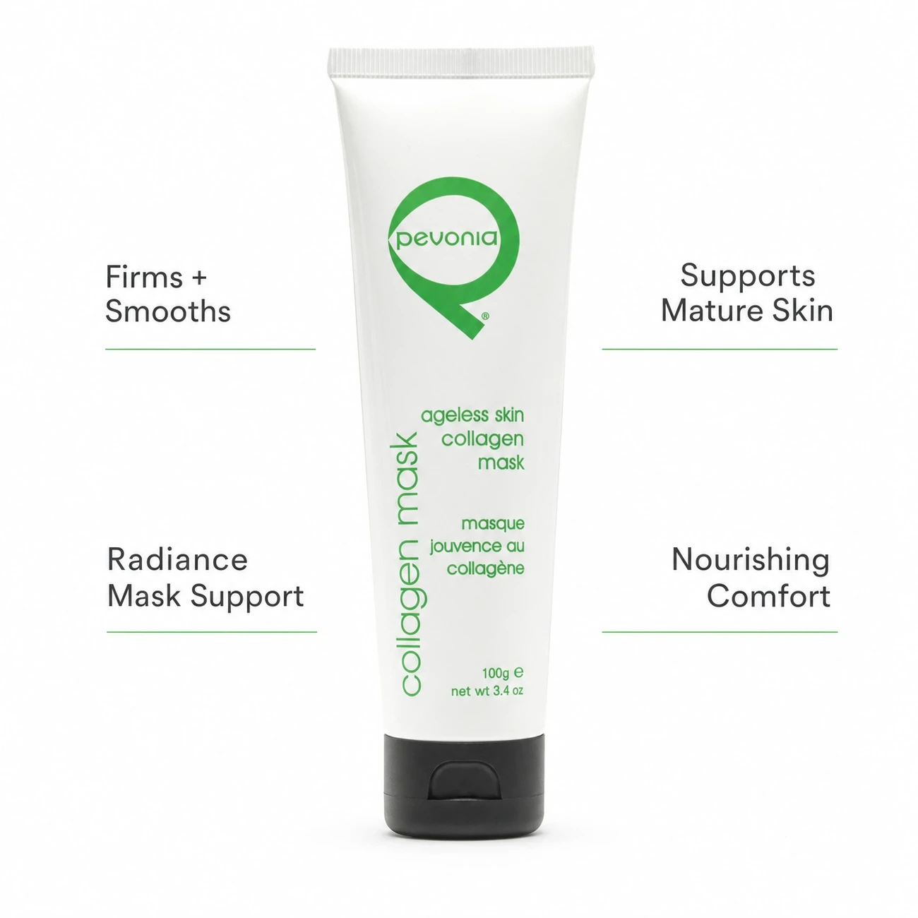 Pevonia Ageless Skin Collagen Mask 100ml professional benefit callout image for firming, smoothing, radiance and mature skin support in salons, spas and clinics.