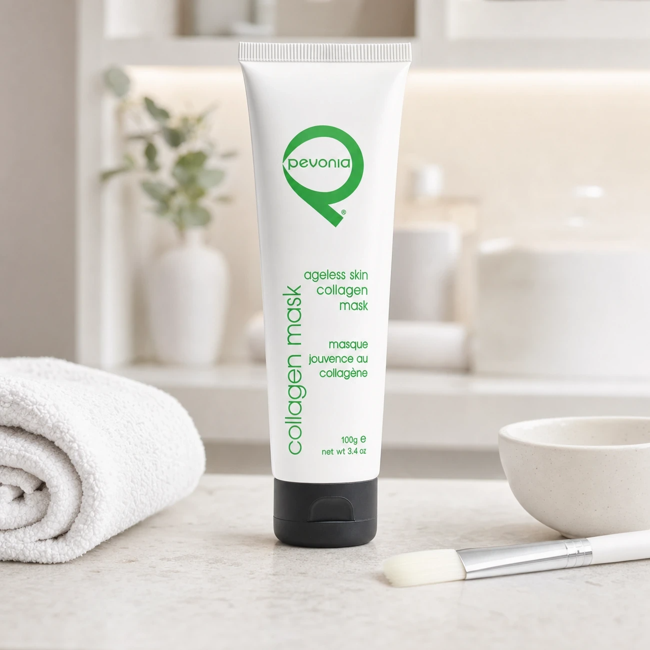 Pevonia Ageless Skin Collagen Mask 100ml professional tube styled in a clean clinic treatment setting for Beauty Collective Pro.