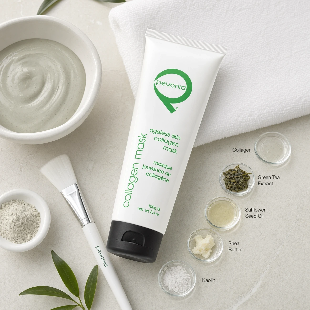 Pevonia Ageless Skin Collagen Mask 100ml treatment-support flatlay with collagen, green tea, safflower, shea butter and kaolin references.