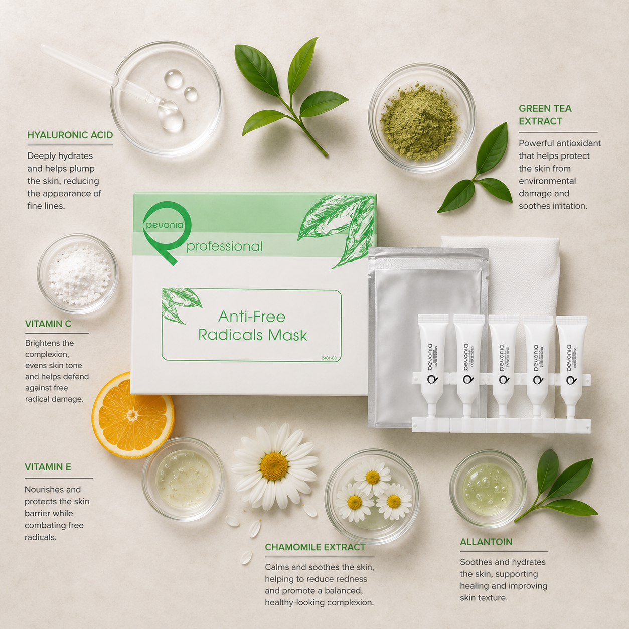 Pevonia Anti-Free Radicals Mask Treatment ingredient flatlay with hyaluronic acid, green tea extract, vitamin C, vitamin E, chamomile extract and allantoin on a beige background