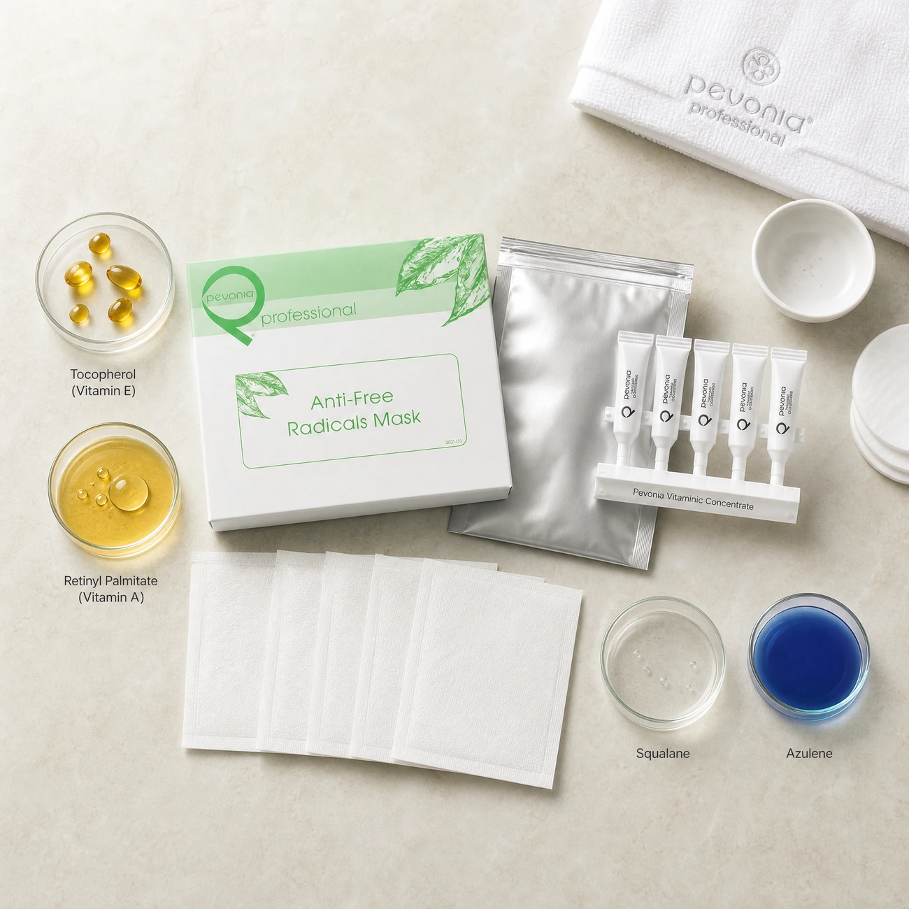 Pevonia Anti-Free Radicals Mask Treatment ingredients flatlay with Tocopherol, Retinyl Palmitate, squalane, and vibrant blue azulene in clean glass petri dishes for professional B2B education.