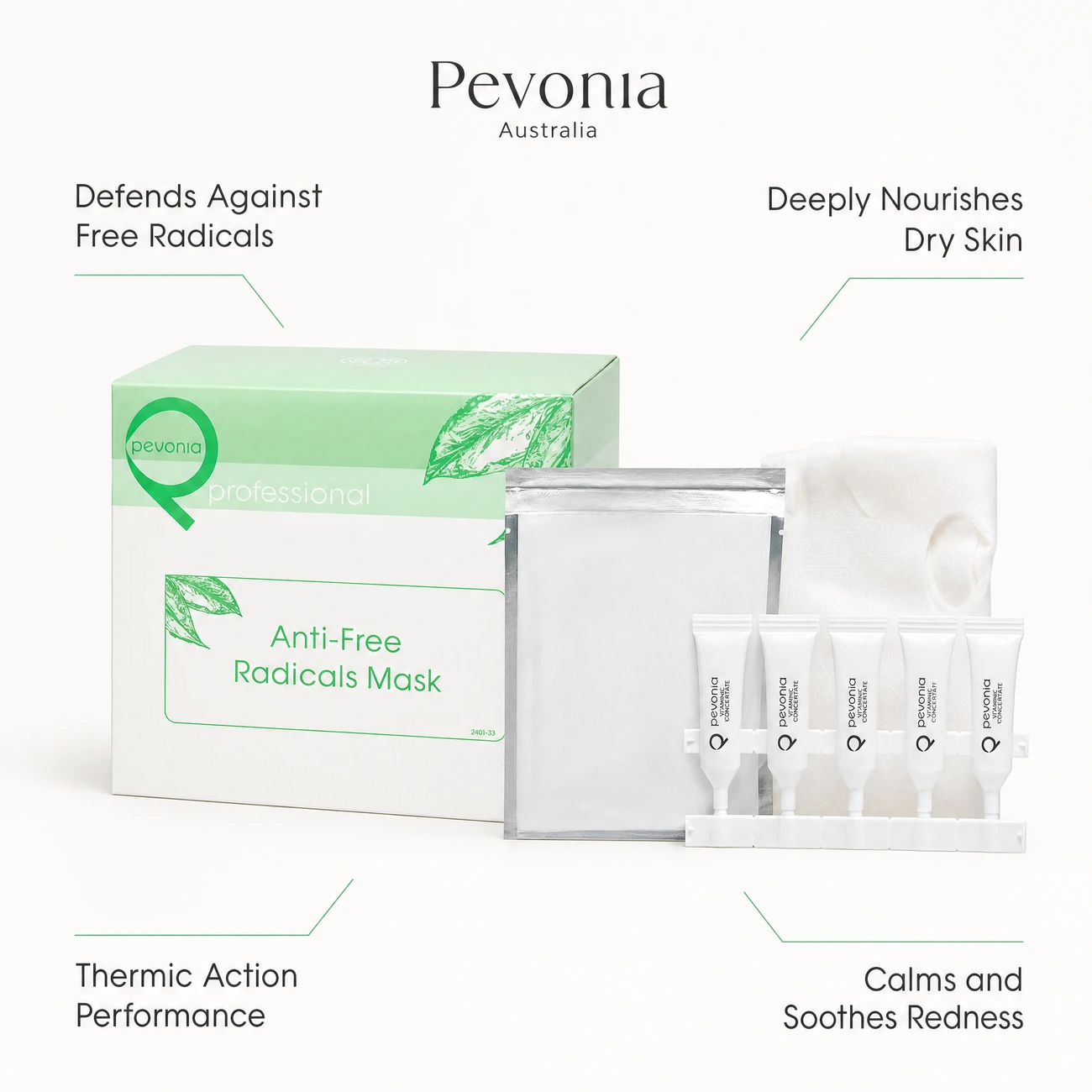 Pevonia Anti-Free Radicals Mask Treatment benefit callout image highlighting antioxidant defense, deep nourishment, thermic action performance, and azulene soothing support.