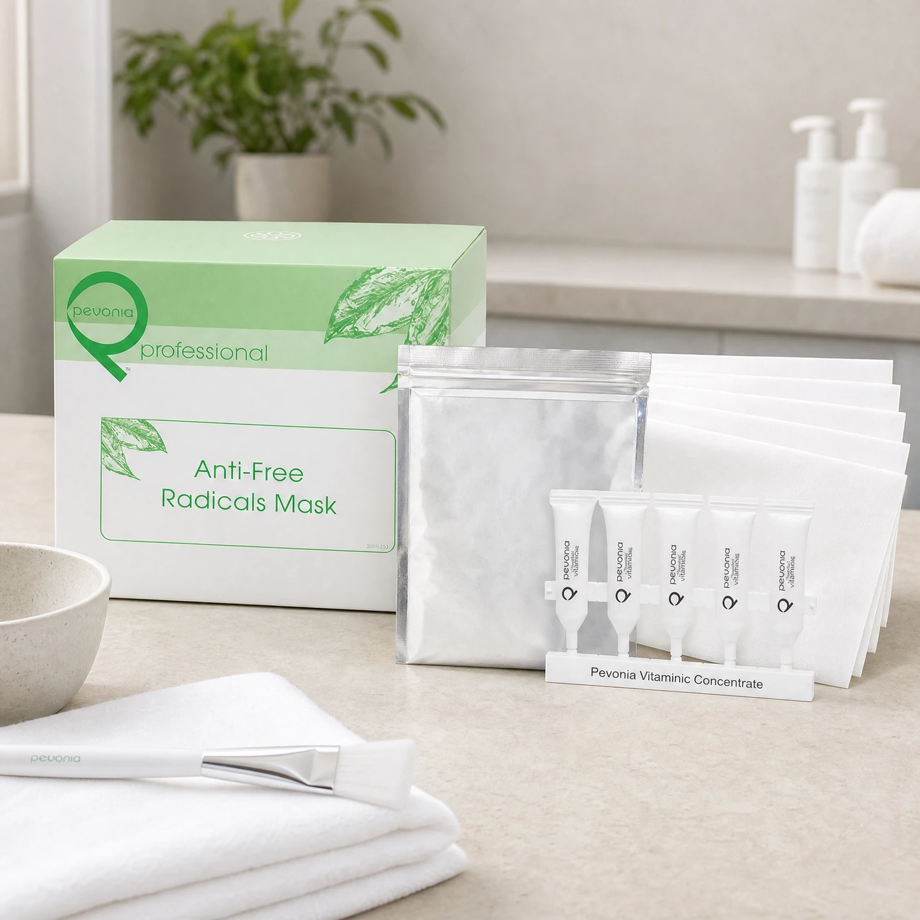 Pevonia Anti-Free Radicals Mask Treatment 5-pack box, silver foil sachet, Vitaminic Concentrate ampoules, and freeze-dried sheets styled in a serene clinical spa treatment room for Beauty Collective Pro.