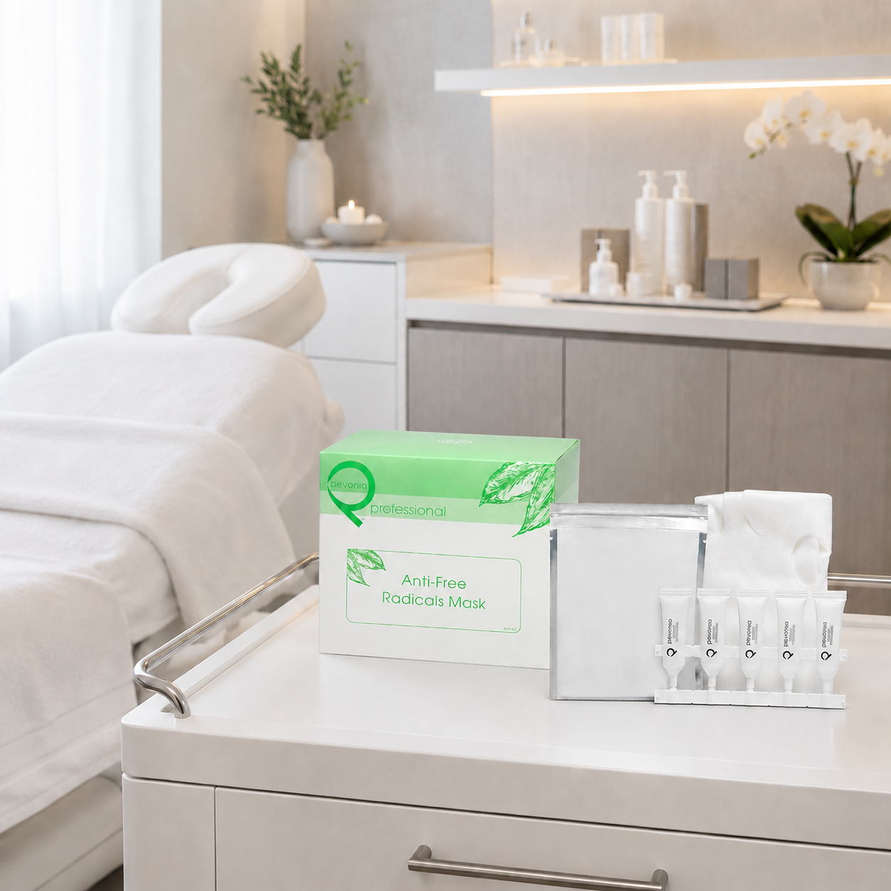 Pevonia Anti-Free Radicals Mask Treatment displayed on a professional treatment trolley in an upmarket spa room, supporting antioxidant facial care and professional treatment preparation.