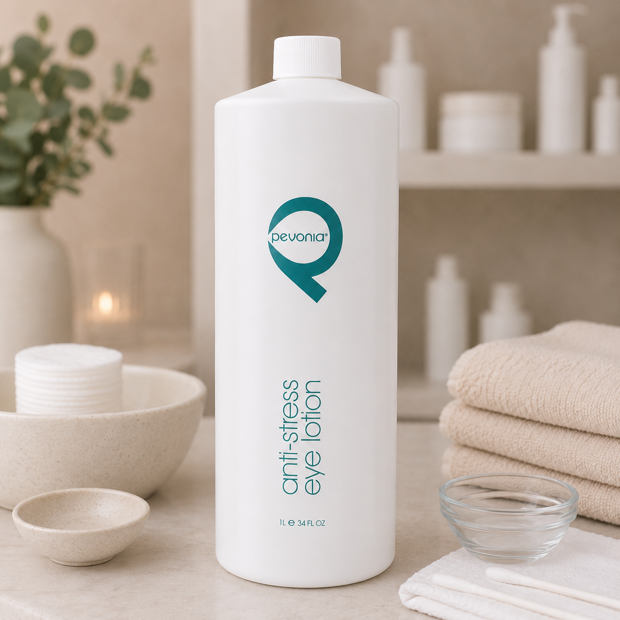 Pevonia Anti-Stress Eye Lotion 1000ml bottle displayed in a day spa facial treatment room with unbranded eye treatment accessories.